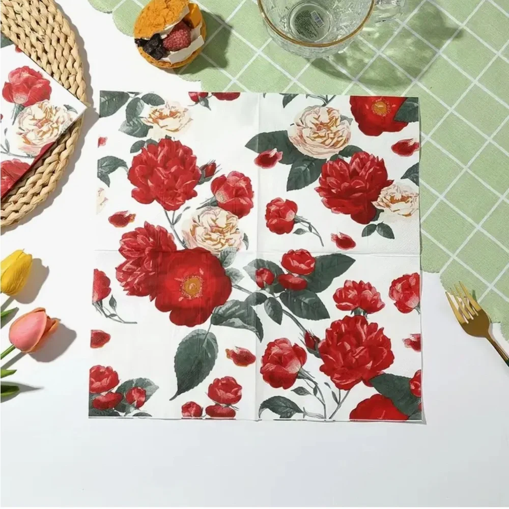 Floral Luncheon Paper Napkins with Red and Cream Roses, 20 ct
